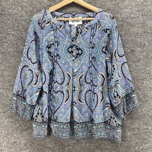 5/$45 Alice Blue Blouse Women M Medium Blue Geometric V-Neck Stitch Fit